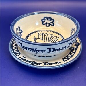 Blue and Cream Ceramic Bowl and Saucer Set